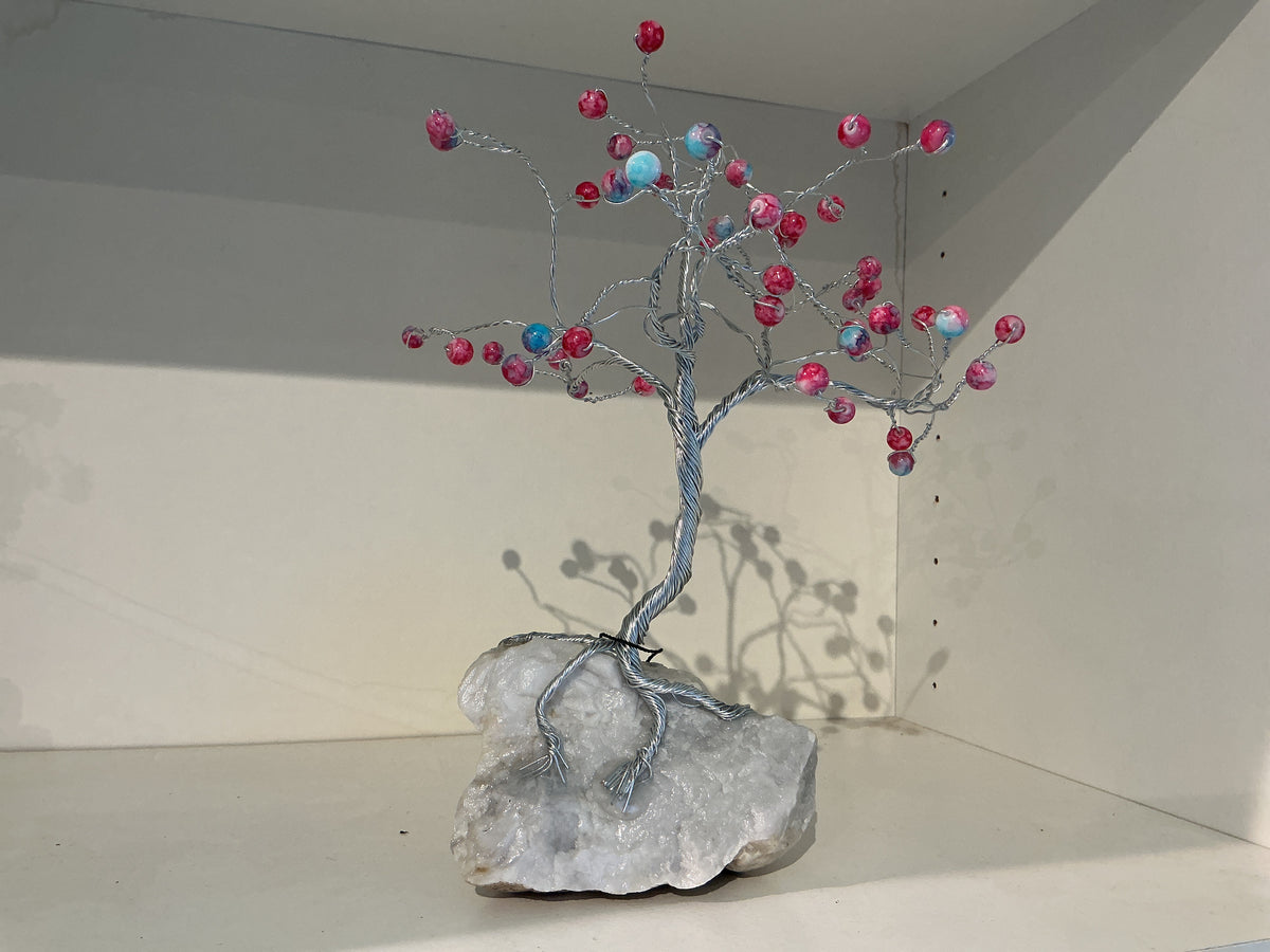 Silver wire tree with cotton candy beads