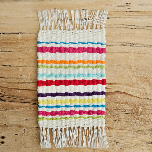 Handwoven Mug Rug Coaster. Art Guide: Amanda Wedemeyer. Saturday, February 21st -11am-2pm. Ages 8-Adult (8-11 must be accompanied by an Adult) $30 Beginner Level