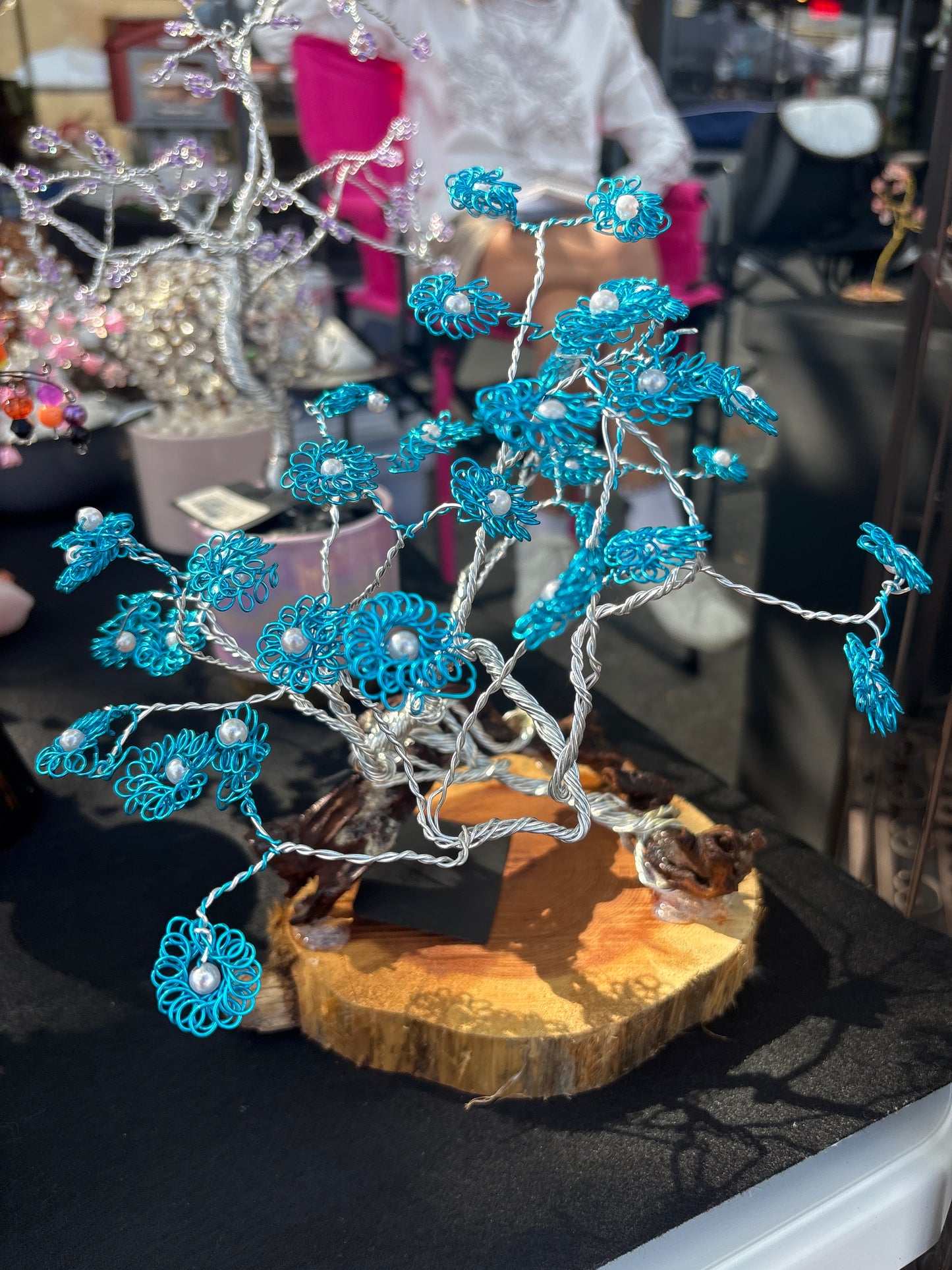 Blue Wire Flowers on wood base