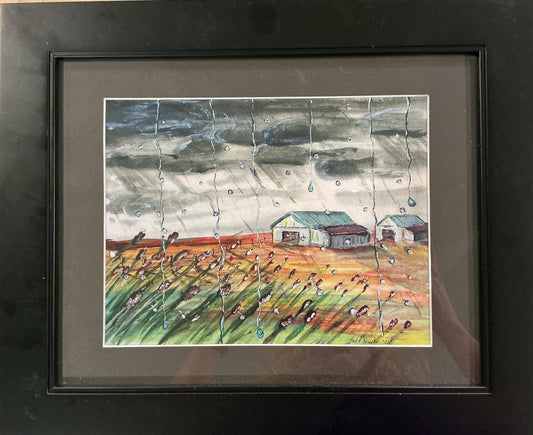 Rainy Day Drive with Cattails and Barns, Framed Print