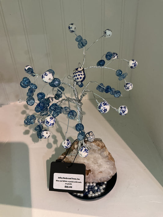 Blue and White Crystals With Owls on Geode