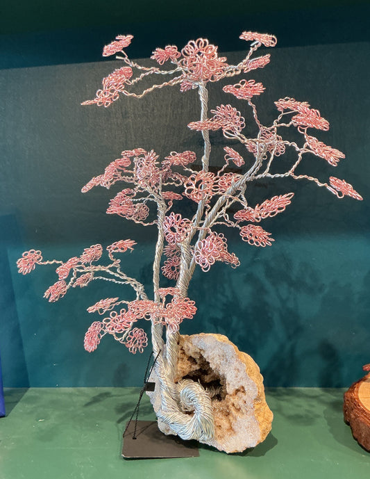 Pink and Silver Aluminum Wire Tree Nested in Indiana Geode