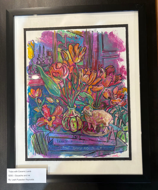 Tulips with Ceramic Lamb -LR