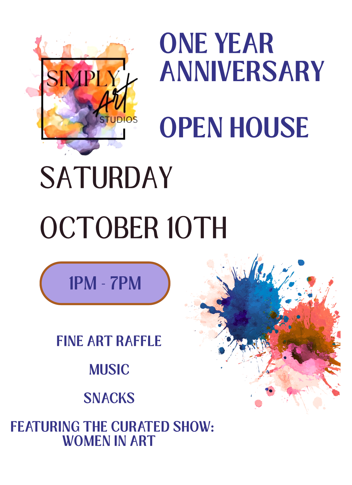 SimplyArt One Year Anniversary Event - Saturday, October 10. 1-7pm. FREE EVENT. NO NEED TO SIGN UP- WALK-INS WELCOME!