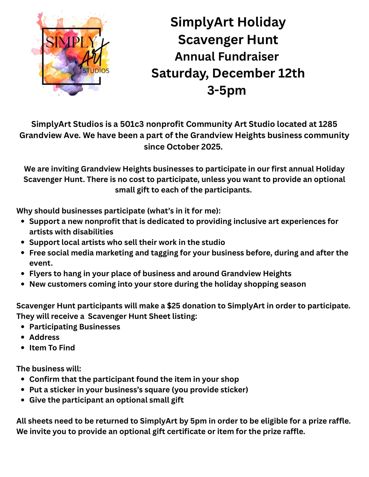 First Annual SimplyArt Grandview Heights Scavenger Hunt December 12. 3-5pm. Buy your Scavenger Hunt Passes at SimplyArt on-line or in-person. Pick up your Scavenger Hunt Sheet the day of the event starting at 2:30pm.