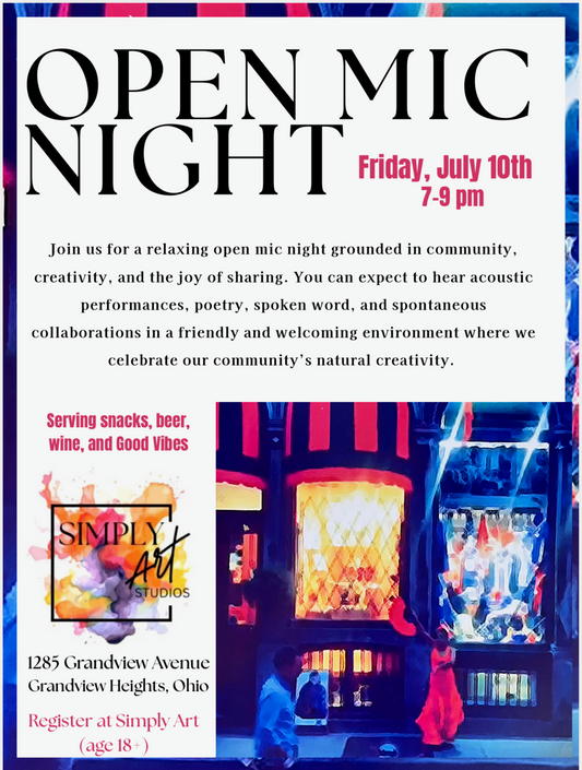 Open Mic Night - Sign Up For Your Spot! Friday, July 10th 7-9pm. Free Event. Beverages and Snacks Provided. Ages 18+ Only. Musicians, Poets, Magicians, Comedians, Performers. 10 minute slot or 2 songs.